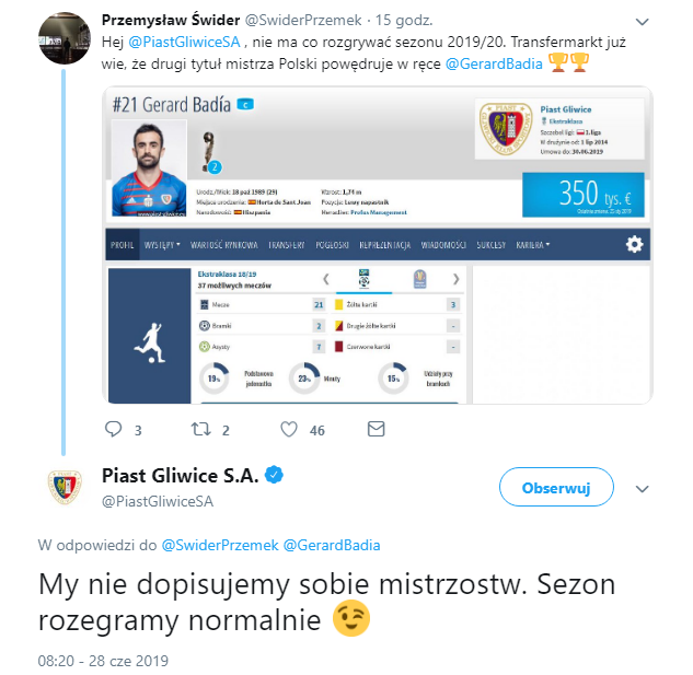 Piast ZAKPIŁ z Legii na Twitterze